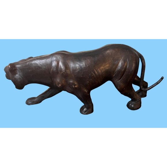 Vtg 21" Leather Wrapped Stalking Black Panther Jaguar Cat Statue Figure - Picture 6 of 9